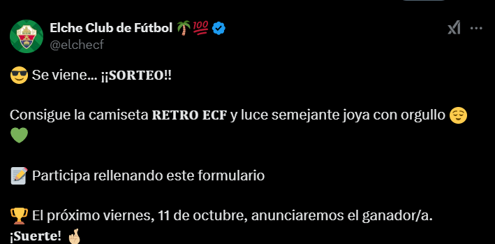 Sorteo en la cuenta de x del Elche CF de la camiseta retro del equipo ilicitano 