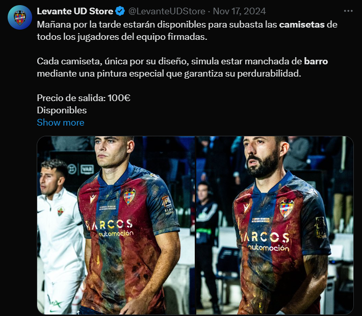 Tuit de "Levante UD Store" en el que anuncia la subasta de las camisetas con barro.