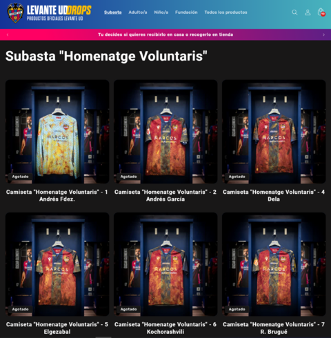 Captura de pantalla de la web de la subasta "Homenatge Voluntaris", la subasta de camisetas pintadas con barro.