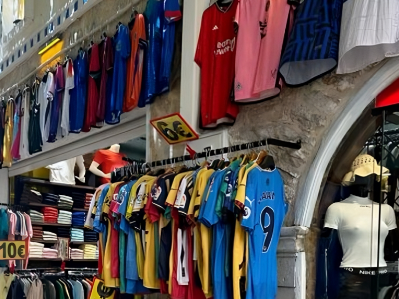 Mercadillo de calle con camisetas de fútbol a la venta